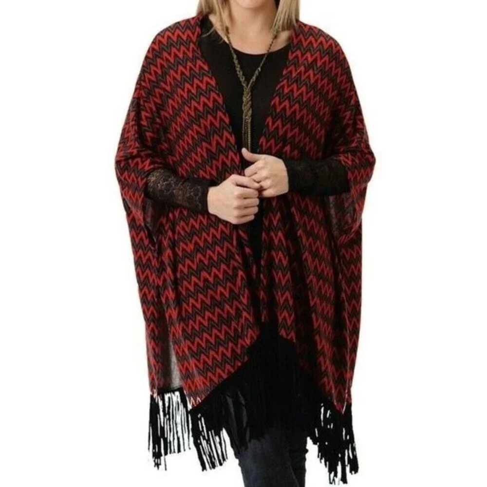 Roper Western Women Fringe Poncho Outwear with Chevron Print Red Size XL